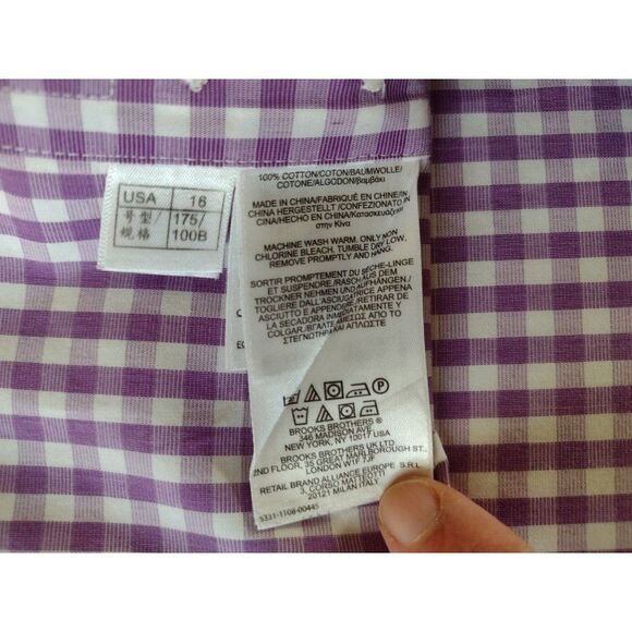 Brooks Brothers Button Down Shirt Purple White Gingham Check LS Size 16 Cotton - Picture 6 of 9